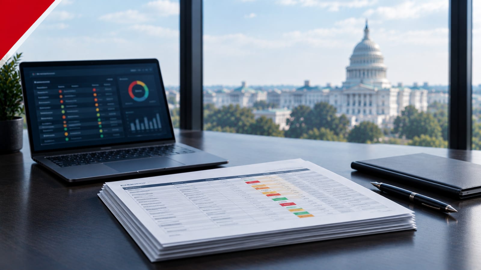Printed POA&M spreadsheet with severity-colored rows beside a laptop showing a dashboard view of the same data, with the US Capitol visible through the window 